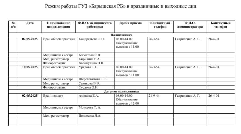Режим работы ГУЗ «Барышская РБ» в праздничные и выходные дни.