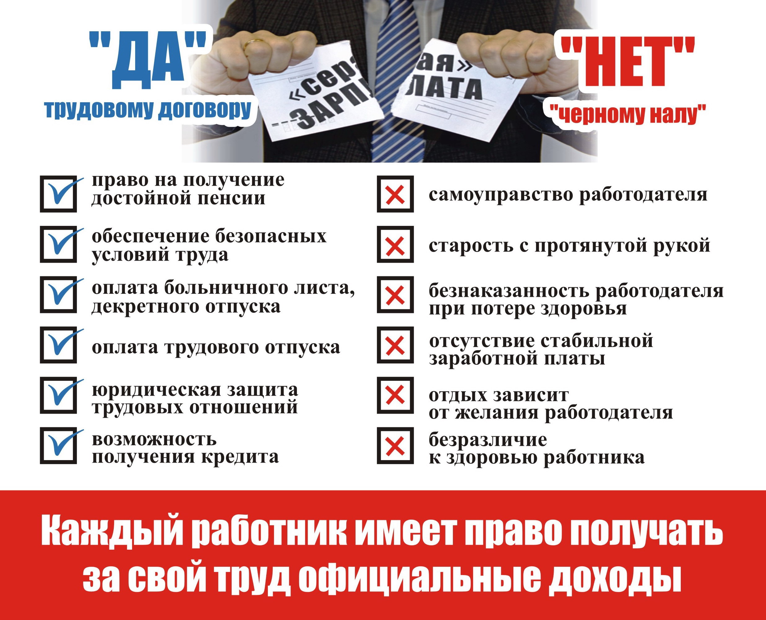 Каждый работник имеет право получать за свой труд официальные доходы.